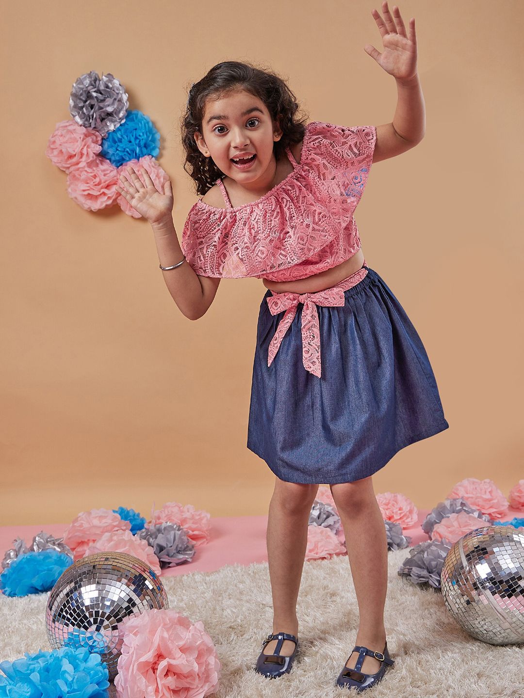 pspeaches Girls Self Design Off-Shoulder Blousan Top with Skirt