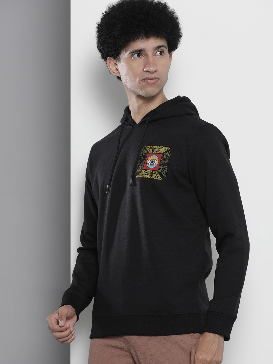 The Indian Garage Co Men Black Back Print Hooded Sweatshirt