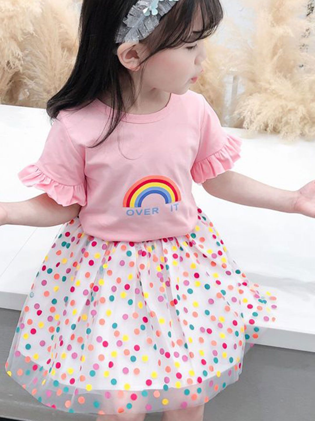 YK Girls Printed Round Neck Short Sleeves Pure Cotton Top With Skirt