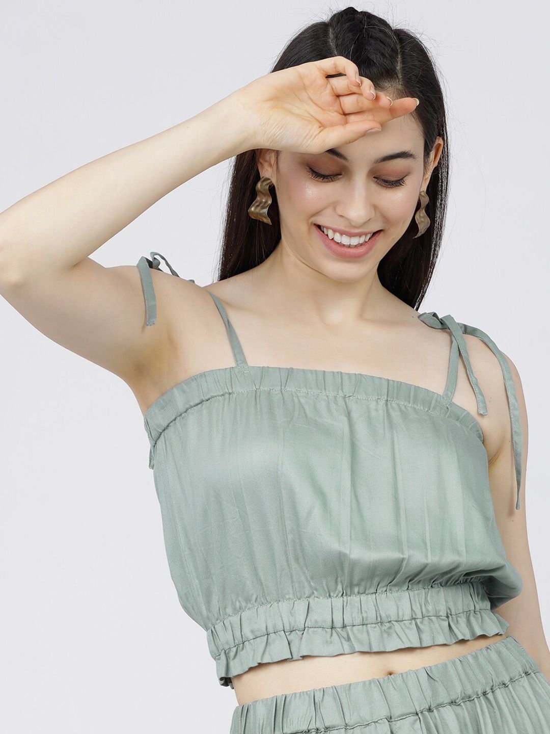 Tokyo Talkies Women Green Blouson Crop Top