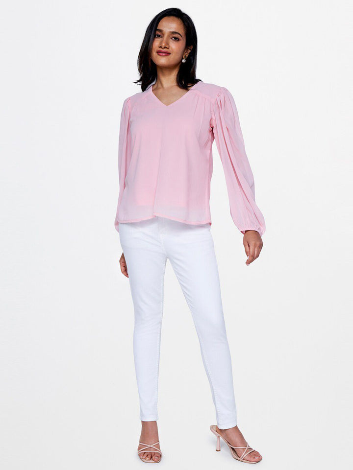 AND V-Neck Puffed Sleeves Top