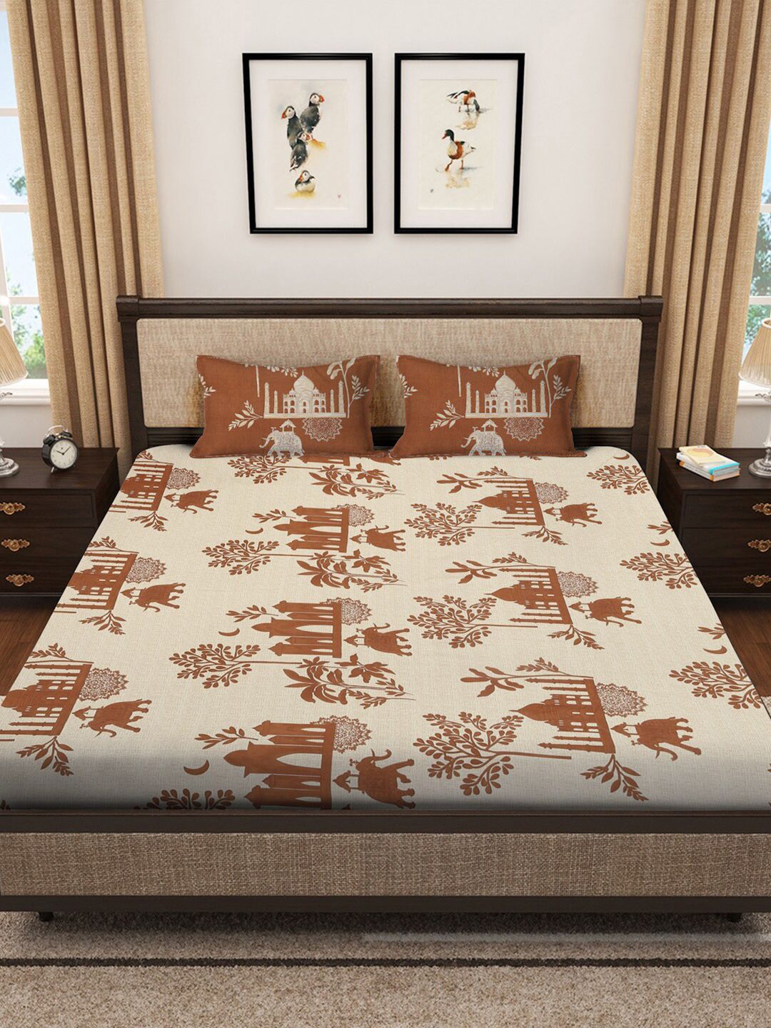 KLOTTHE Beige & Brown Printed 300TC Dilengkapi Cadar King Double & 2 Sarung Bantal