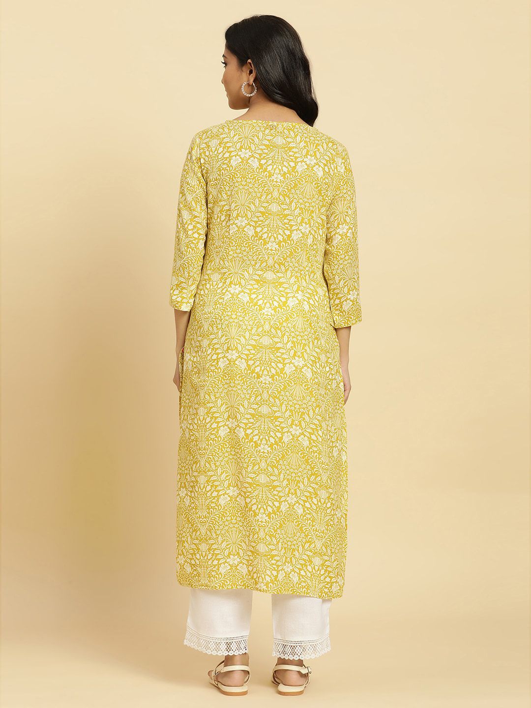 W Yellow Floral Printed Keyhole Neck Gotta Patti Cotton A-Line Kurta