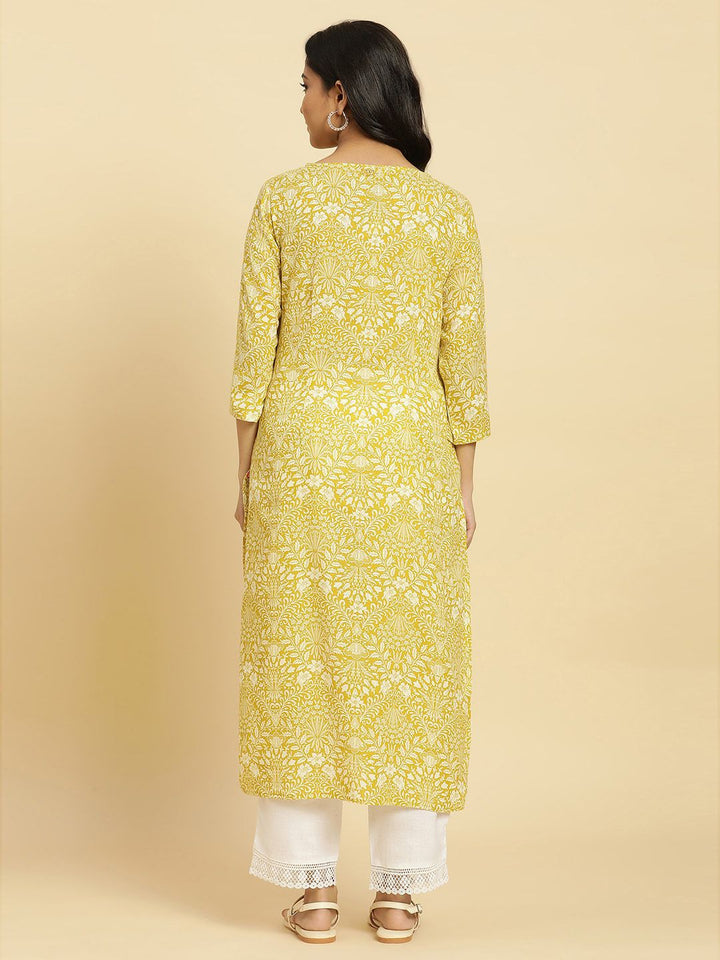 W Yellow Floral Printed Keyhole Neck Gotta Patti Cotton A-Line Kurta