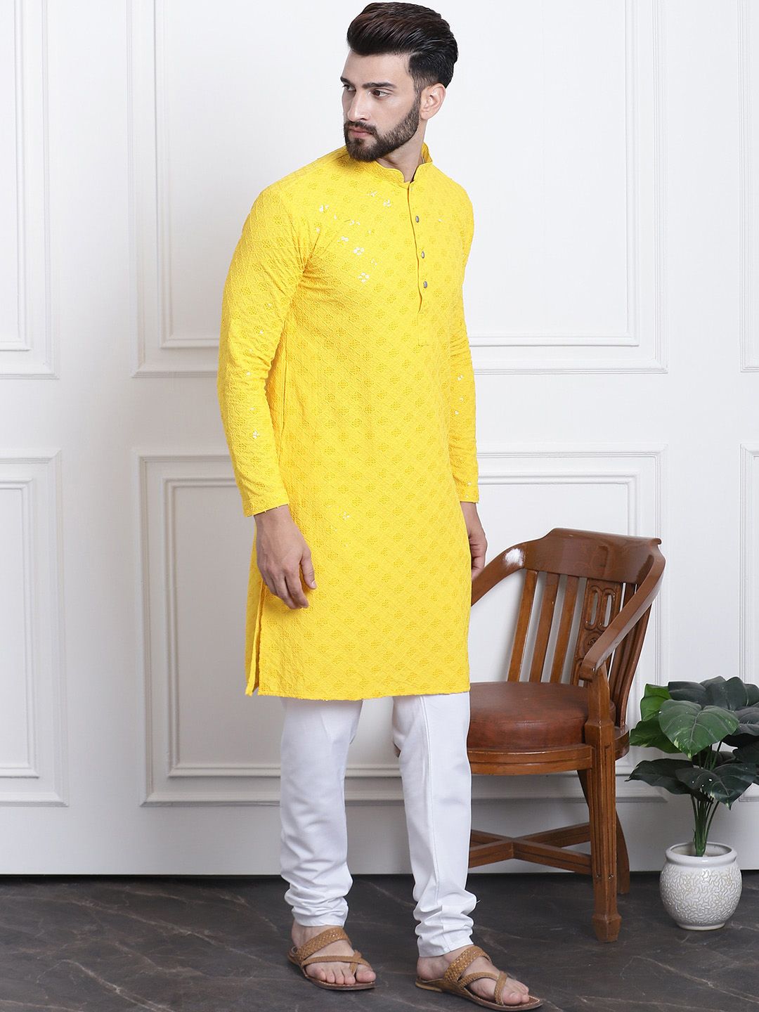 SOJANYA Ethnic Motif Embroidered Sequinned Pure Cotton Kurta with Churidar