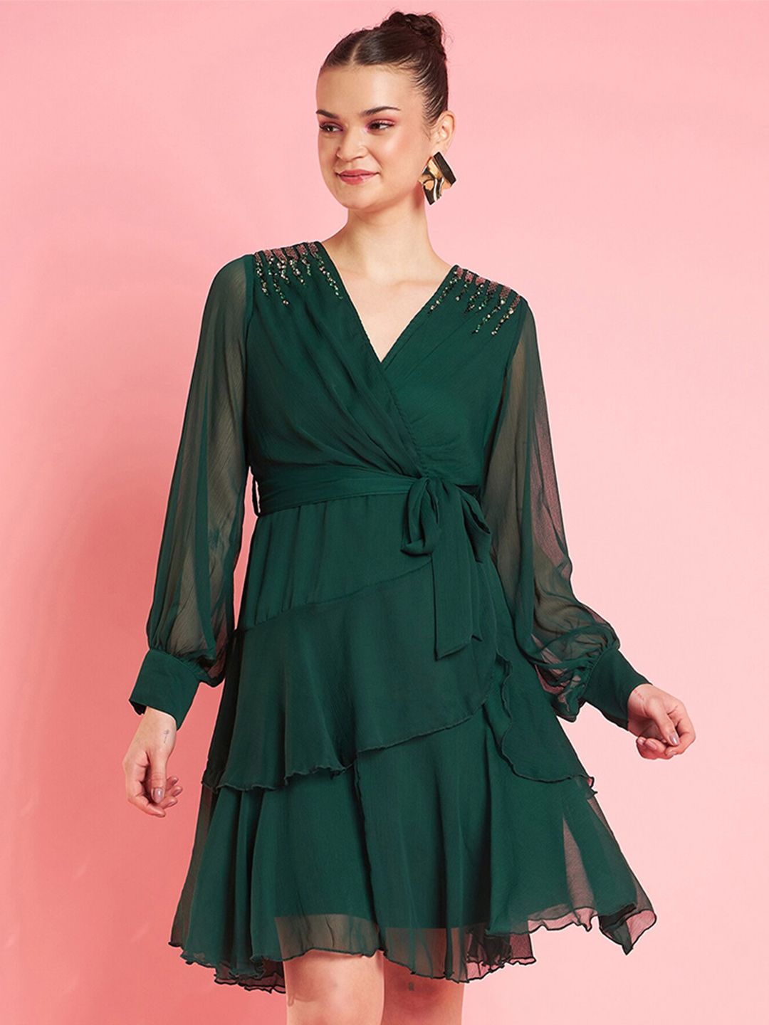 Antheaa Embellished Layered V-Neck Chiffon Fit & Flare Dress