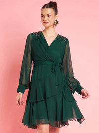 Antheaa Embellished Layered V-Neck Chiffon Fit & Flare Dress