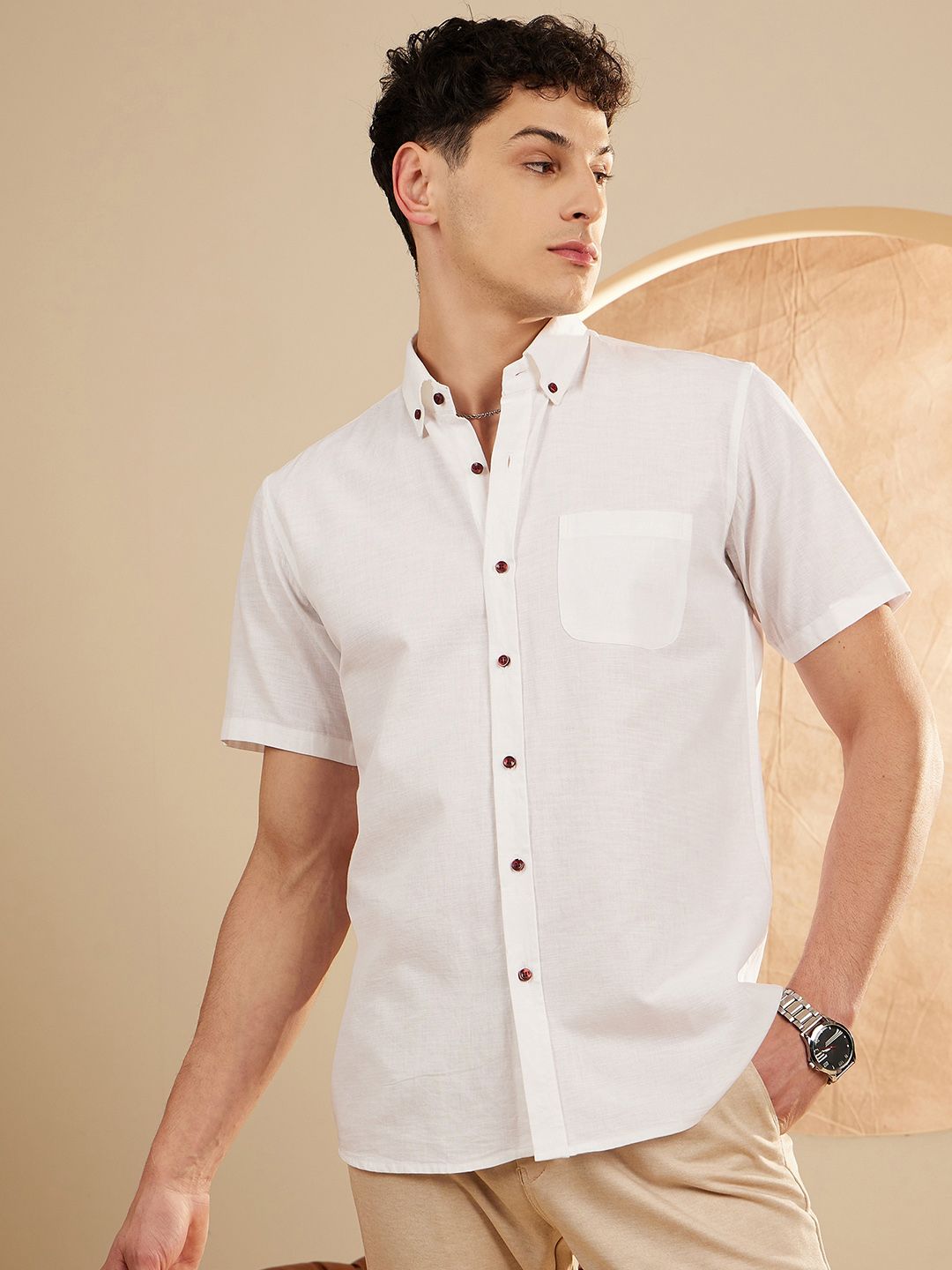 DENNISON Men White Smart Slim Fit Solid Cotton Linen Casual Shirt