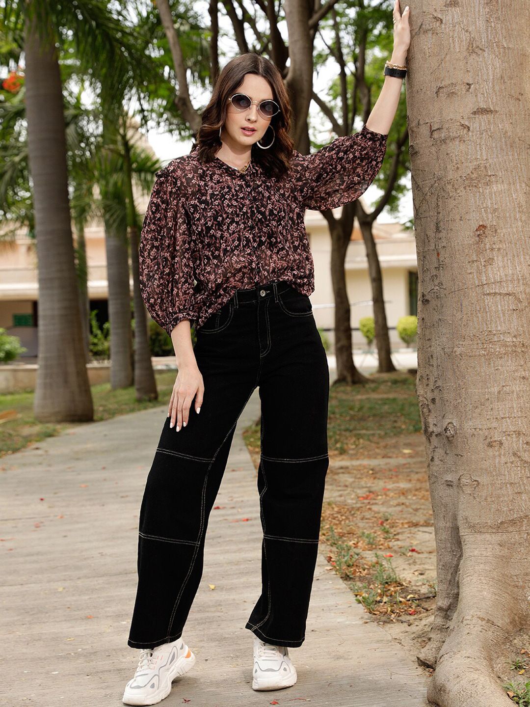 STREET 9 Brown Comfort Floral Printed Ruffle Casual Shirt
