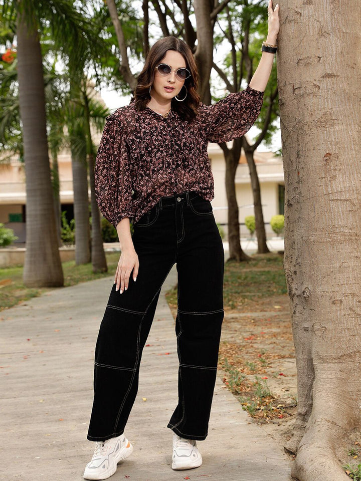 STREET 9 Brown Comfort Floral Printed Ruffle Casual Shirt
