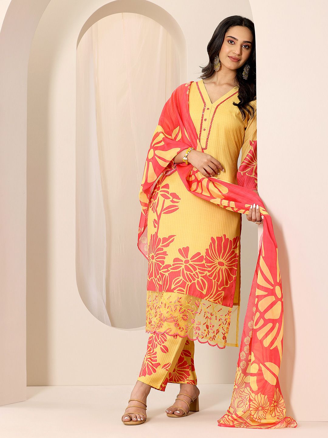 Libas Floral Printed V-Neck Kurta With Trousers And Dupatta