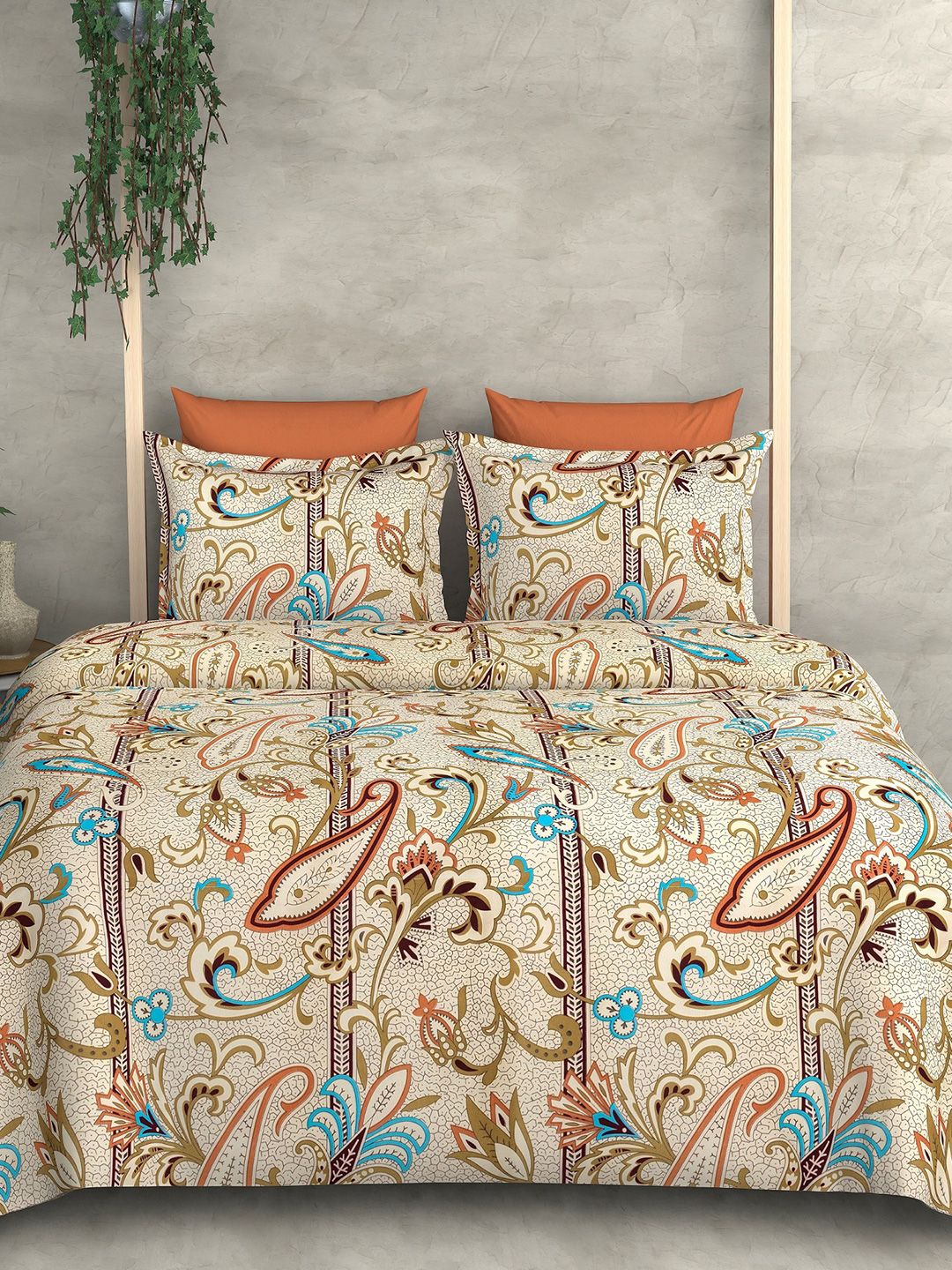 Cortina Glazed Cotton Brown Paisley  140 TC King Bedsheet with 2 Pillow Covers