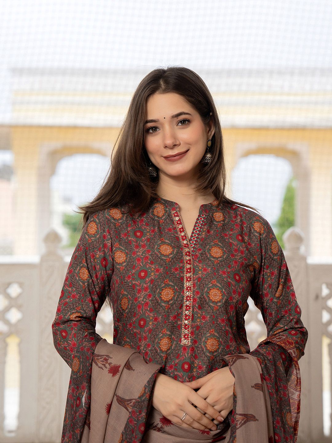 KALINI Floral Printed Sequinned Straight Kurta With Trousers & Dupatta