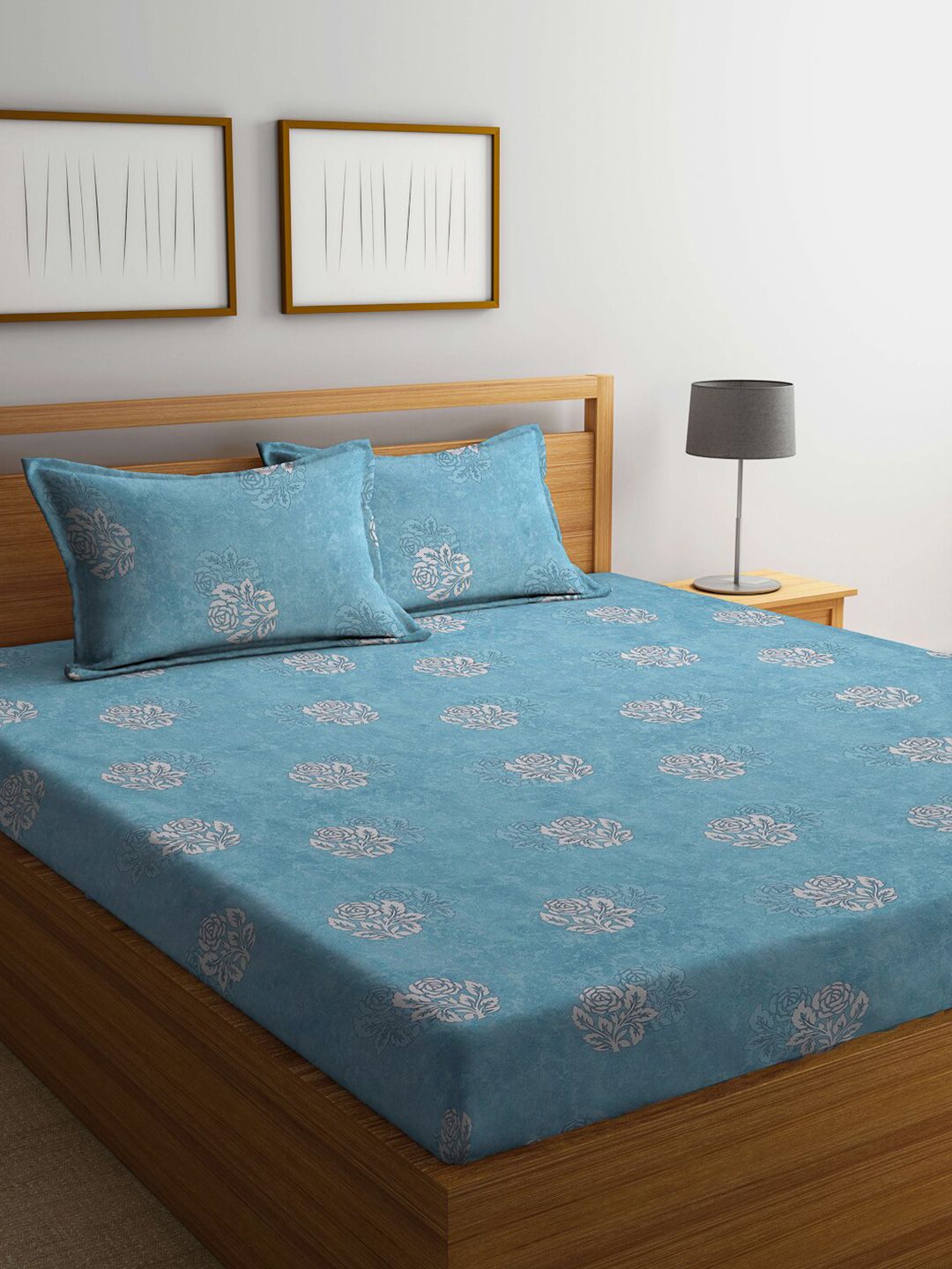 KLOTTHE Turquoise Blue & White Printed 400 TC Pure Cotton Fitted Double King Bedsheet Set