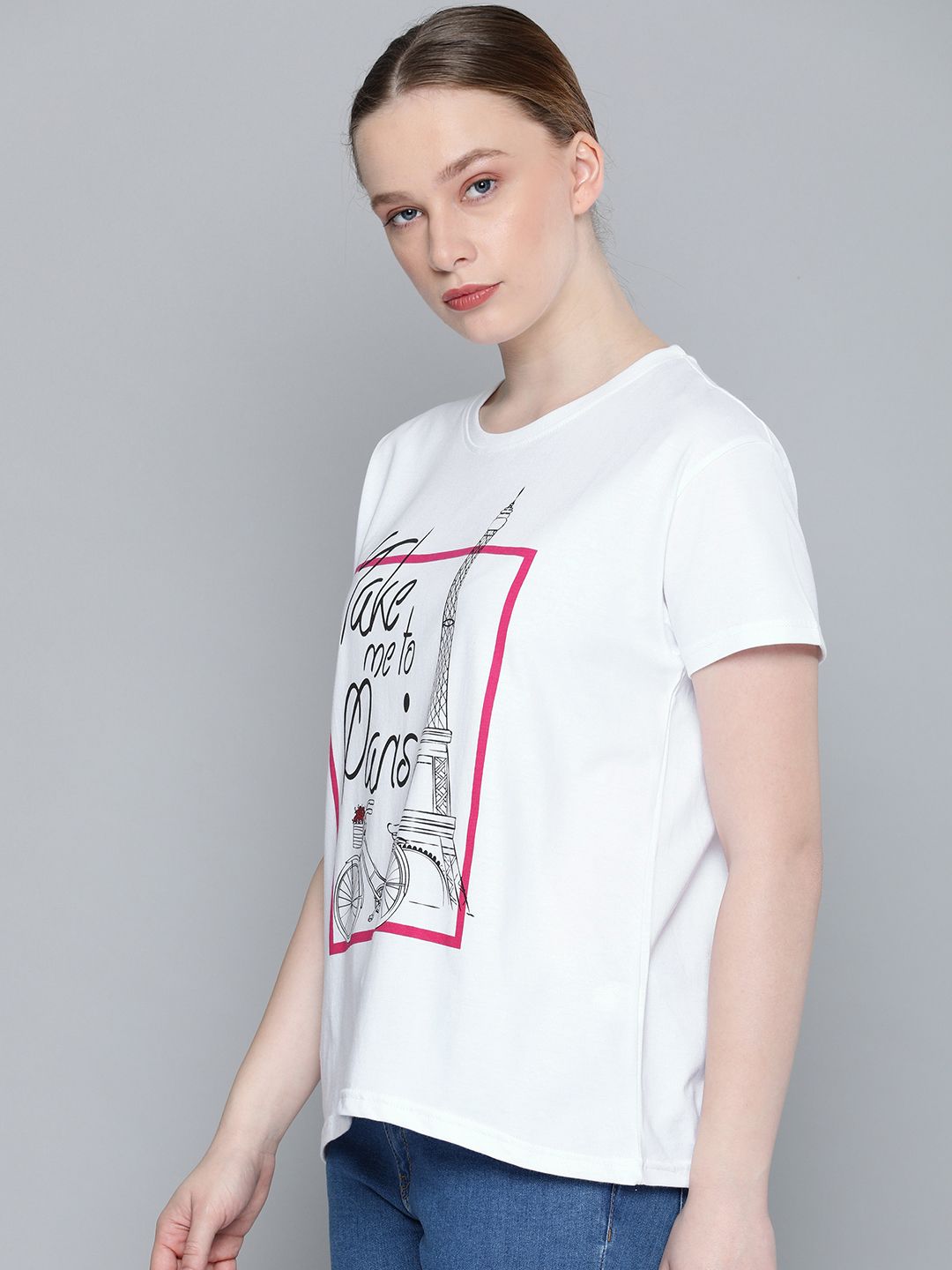 DILLINGER Women White Printed Round Neck Regular Fit Pure Cotton T-shirt