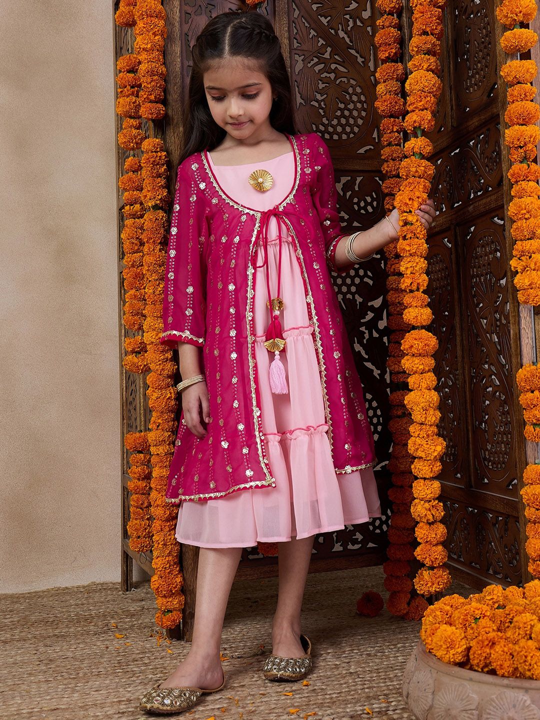 pspeaches Girls Tiered Sleeveless A-Line Midi Georgette Ethnic Dress With Embroidered Shrug