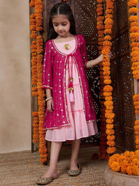 pspeaches Girls Tiered Sleeveless A-Line Midi Georgette Ethnic Dress With Embroidered Shrug