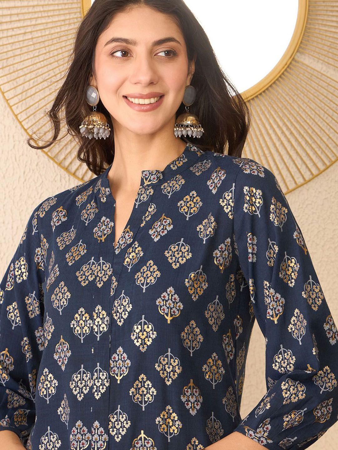 KALINI Floral Print Mandarin Collar Top