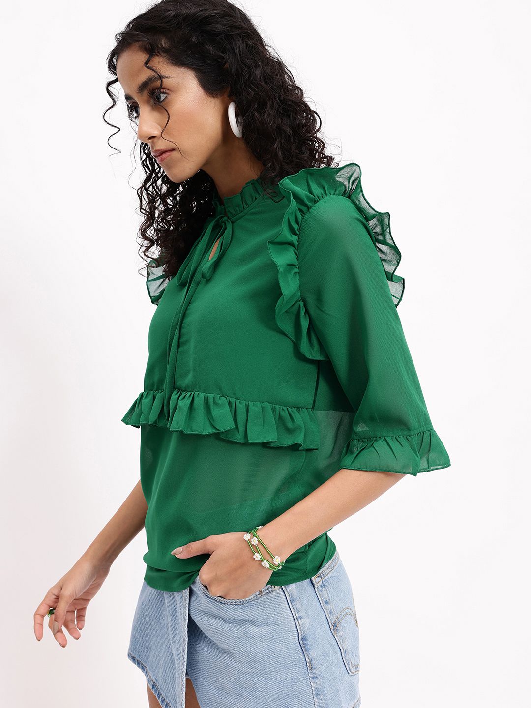 DressBerry Flirty Ruffles Touch Tie-Up Neck Bell Sleeves Top