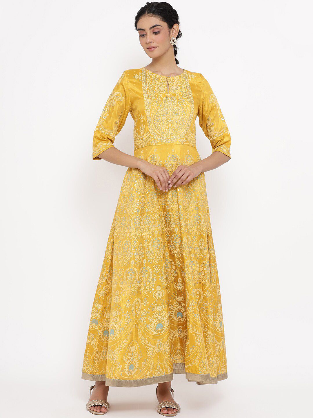 W Women Yellow Floral Printed Keyhole Neck Maxi Dress