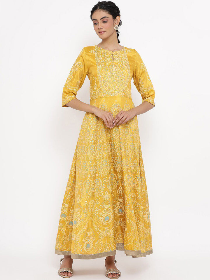 W Women Yellow Floral Printed Keyhole Neck Maxi Dress
