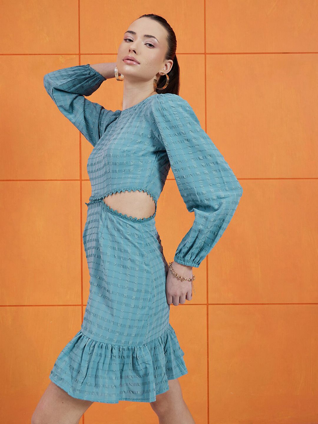 STREET 9 Self Design Round Neck Puff Sleeves Cut-Outs A-Line Dress