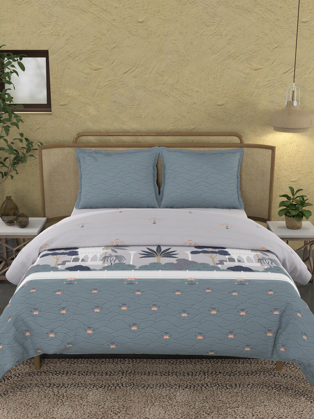 MYTRIDENT Pichwai Blue Sanskriti Flat 144TC King Cotton 1 Bedsheet with 2 Pillow Covers