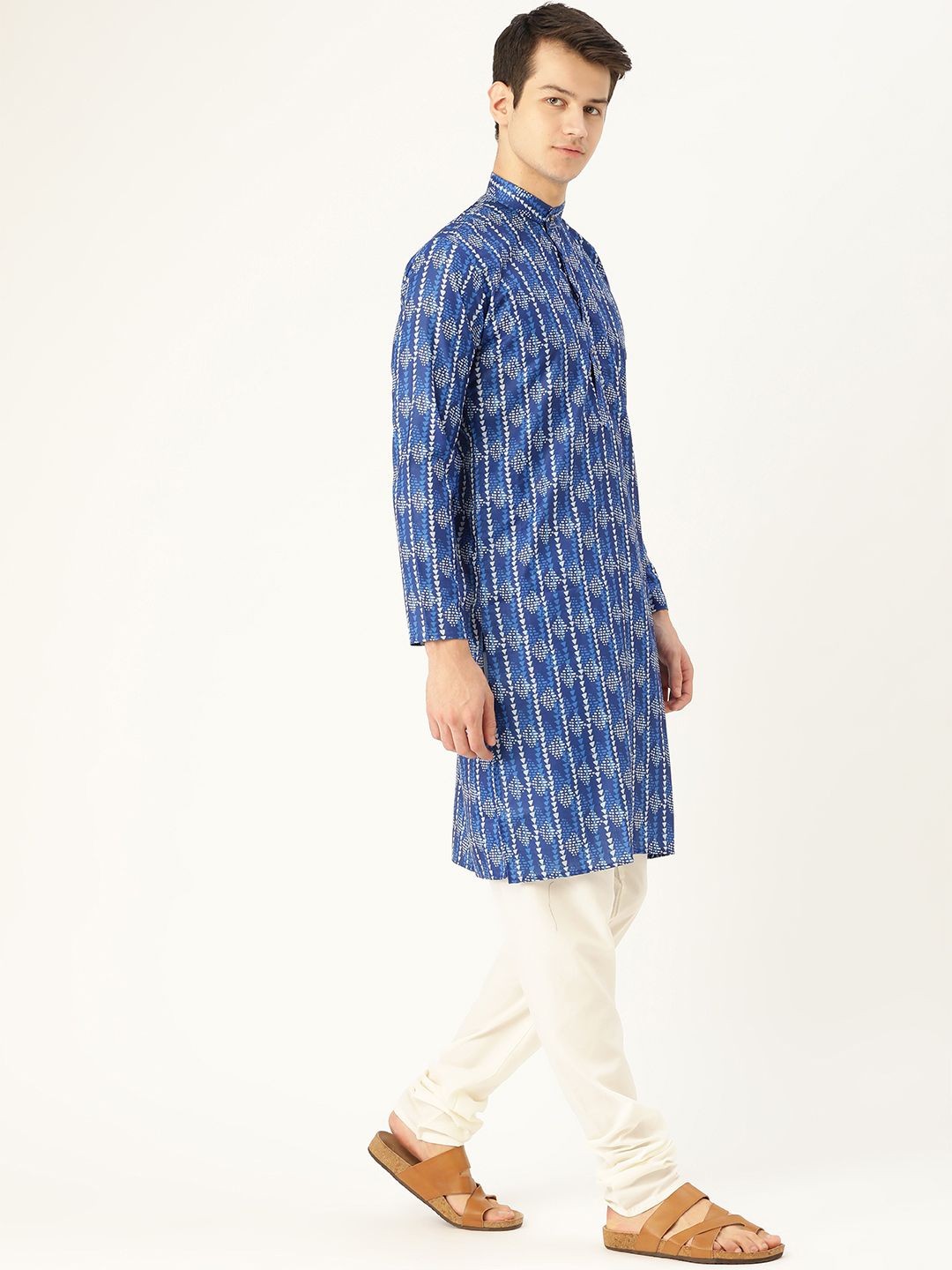 SOJANYA Lelaki Navy Blue & White Printed Straight Kurta
