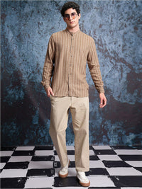 Locomotive Men Brown. Linen Blend Textured Striper Stand-Up Collar Regular Shirt