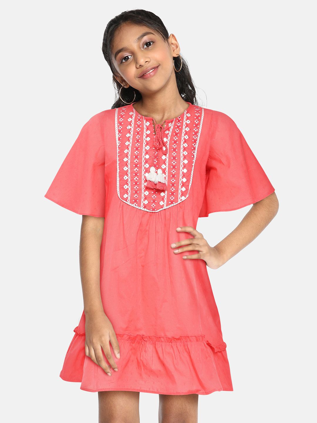 Global Desi Girls Coral Pink Self Design Tie-Up Neck Flared Sleeves Cotton A-Line Dress
