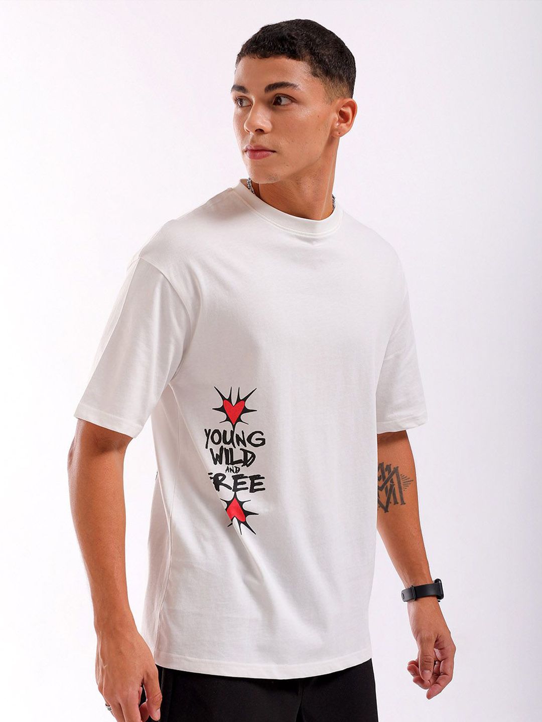 The Indian Garage Co Men Pure Cotton Back Printed Boxy Oversized Round Neck T-shirt
