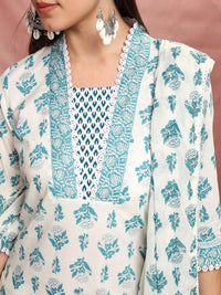 Vishudh White & Green Floral Printed Regular Pure Cotton Kurta with Trousers & Dupatta