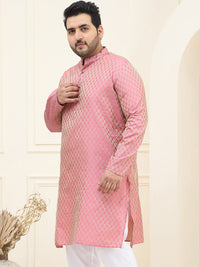 SOJANYA PLUS Men Pink & Golden Jacquard Silk Woven Design Kurta Lurus