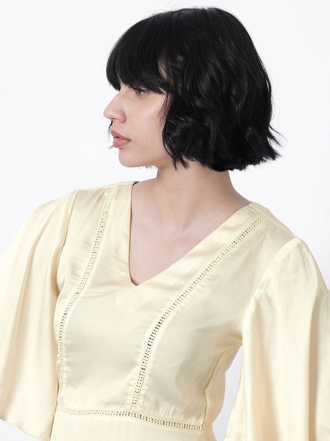 RAREISM V-Neck Flared Sleeves Cotton A-Line Mini Dress
