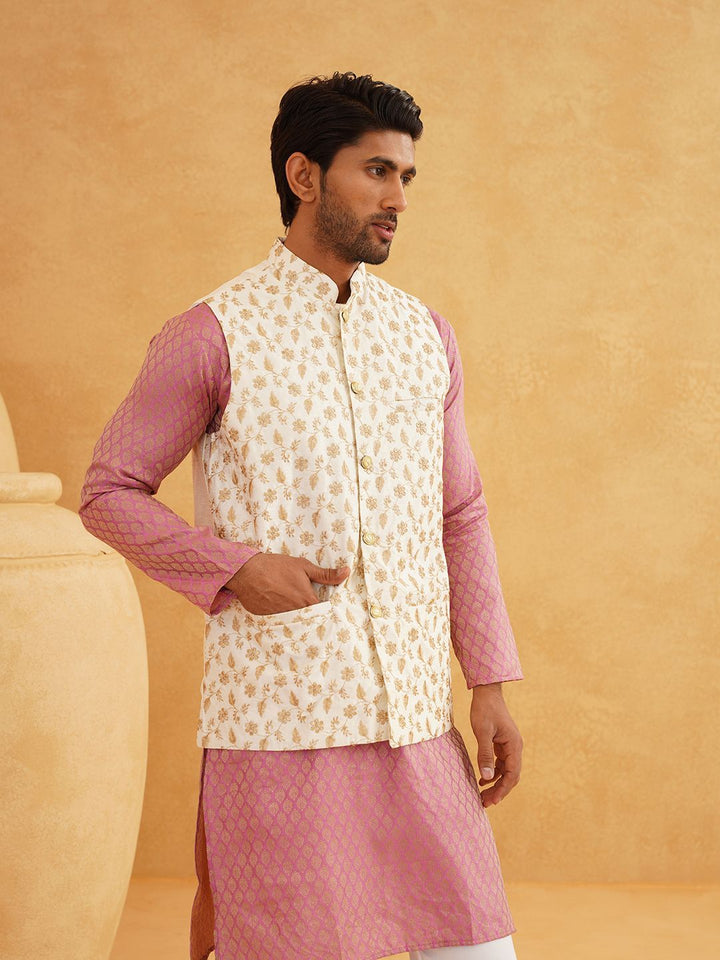 SOJANYA Motif Etnik Rekaan Tenun Kurta Kolar Mandarin Dengan Jaket Churidar Dan Nehru