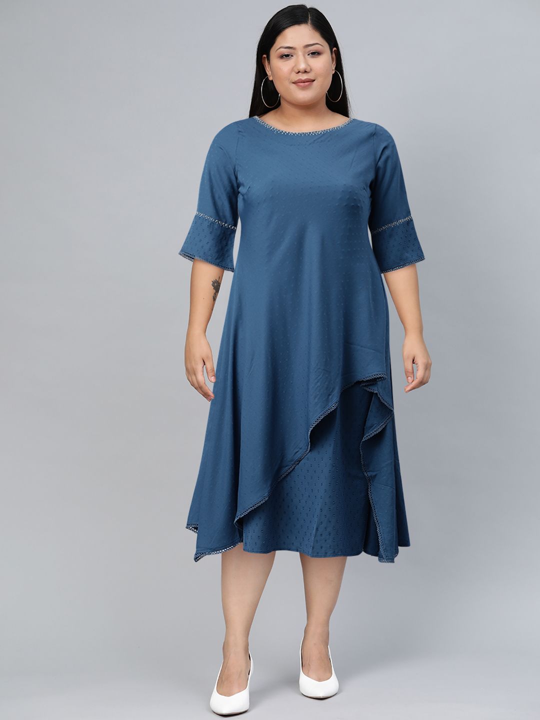W Blue Bell Sleeves Layered  A-Line Midi Dress