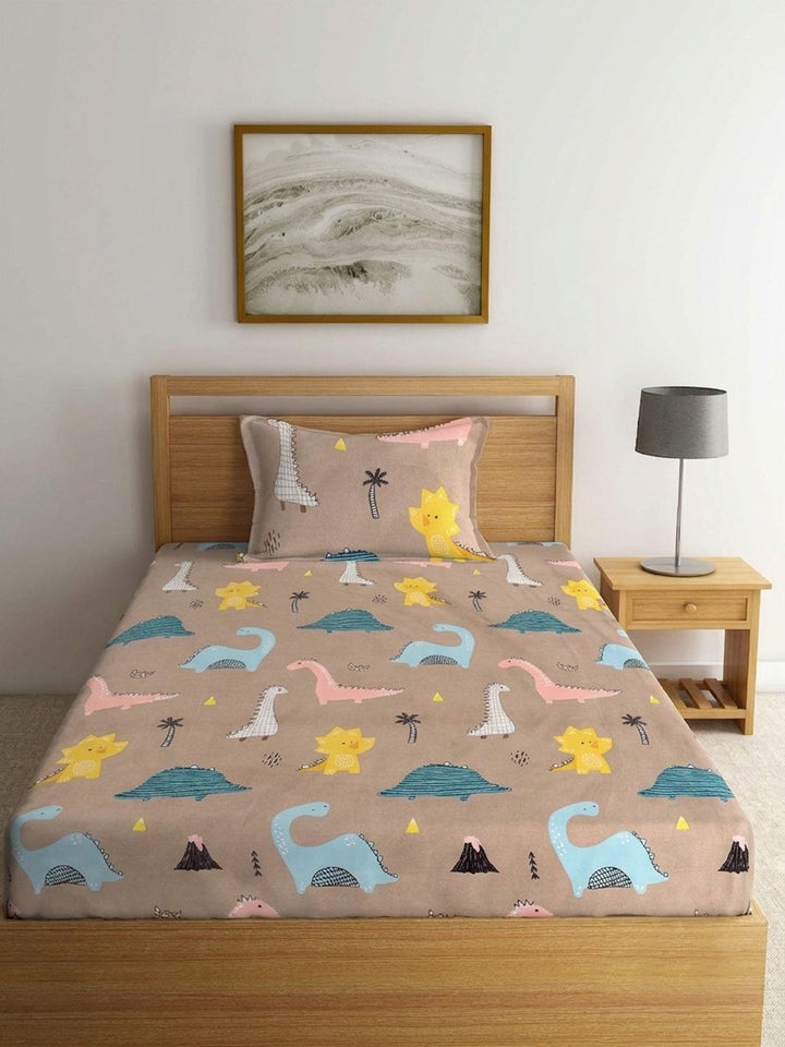 Myntra Elegant Homes Brown Yellow Cartoon Characters Bedsheet & 1 Pillow Covers