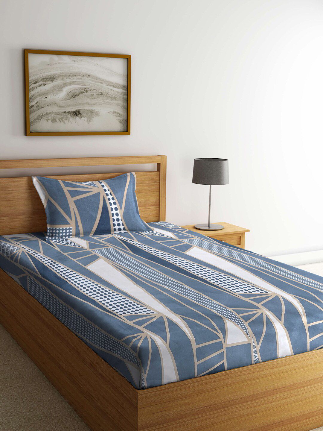 KLOTTHE Blue & Beige Geometric Printed 300 TC Fitted Single Bedsheet & Pillow Cover