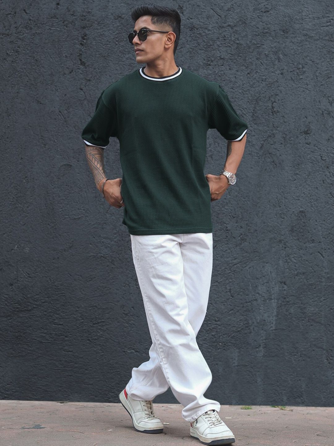 Powerlook Green Cotton Round Neck Oversized T-shirt