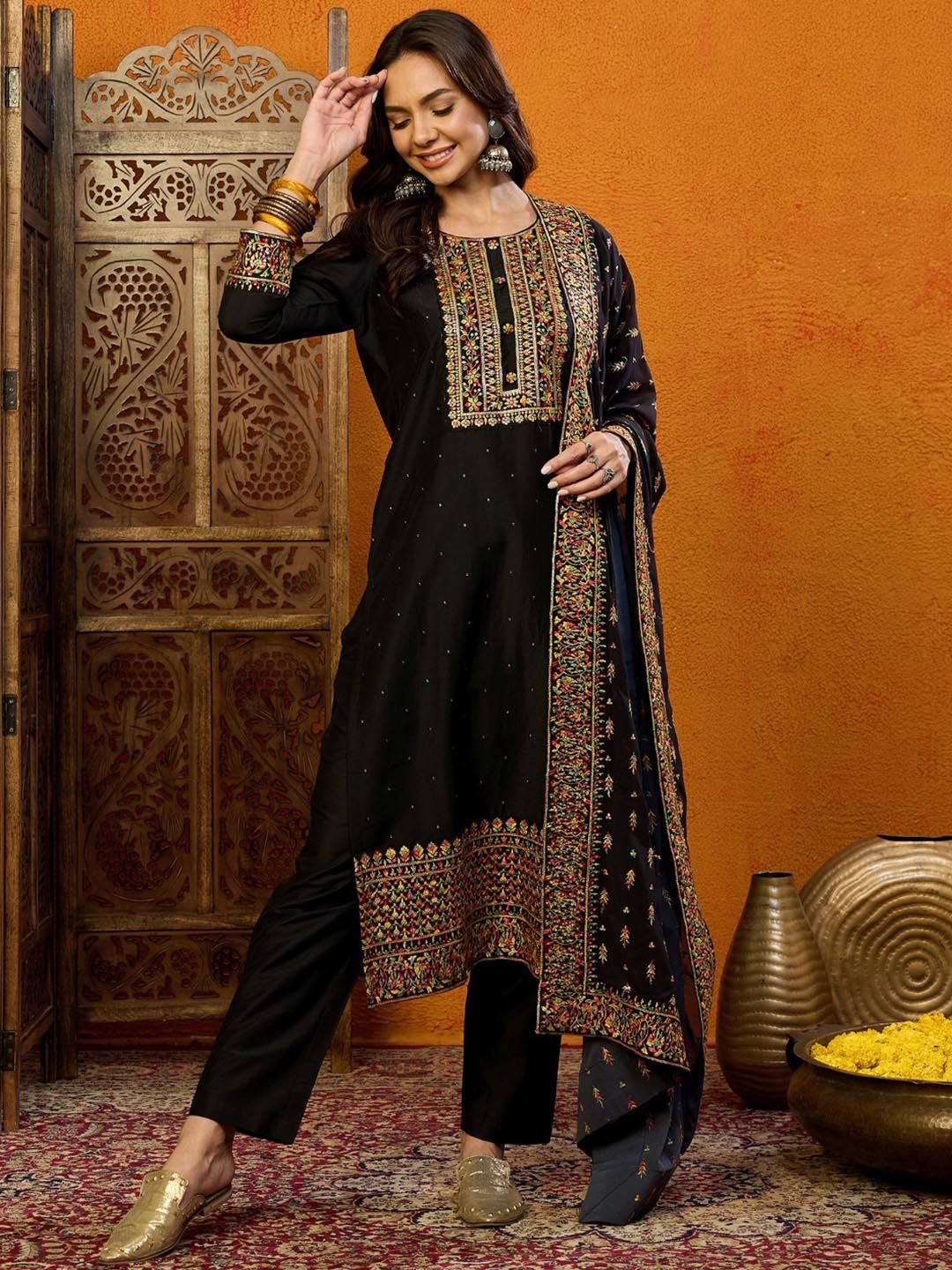 KALINI Ethnic Motifs Embroidered Thread Work Straight Kurta with Trousers & Dupatta