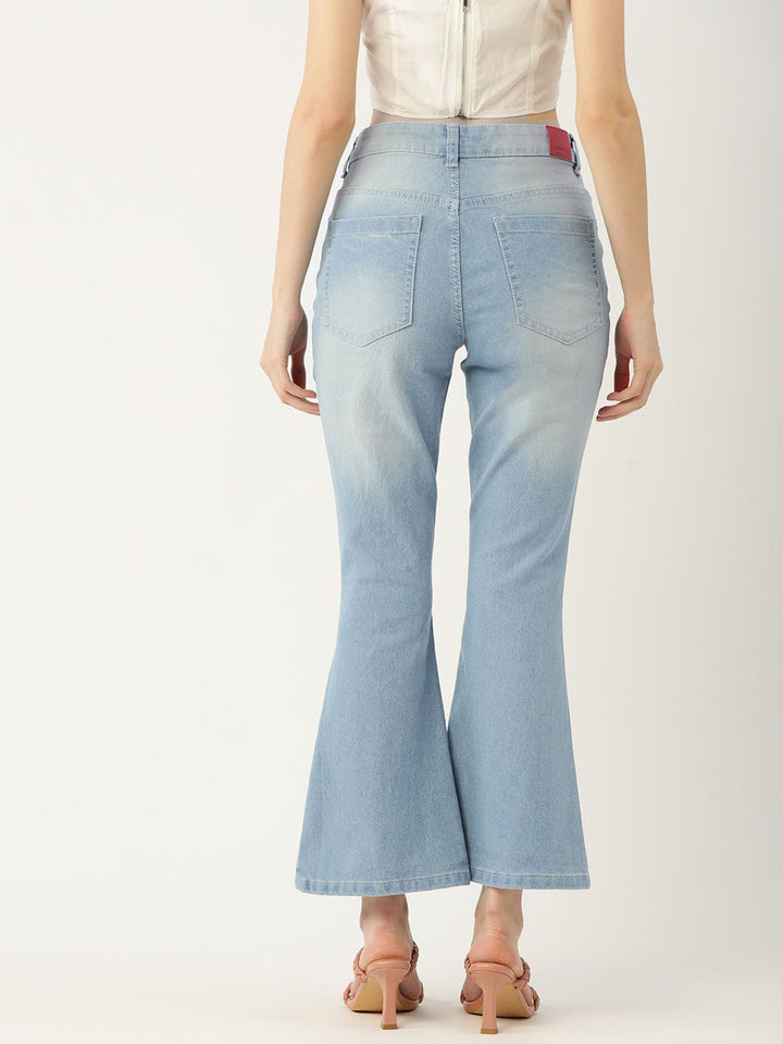 DressBerry Women Blue Flared Mildly Distressed Heavy Fade Stretchable Jeans