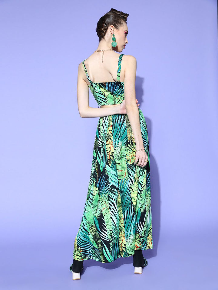 Berrylush Women Green & Yellow Tropical Print Cami Top & A-Line Skirt