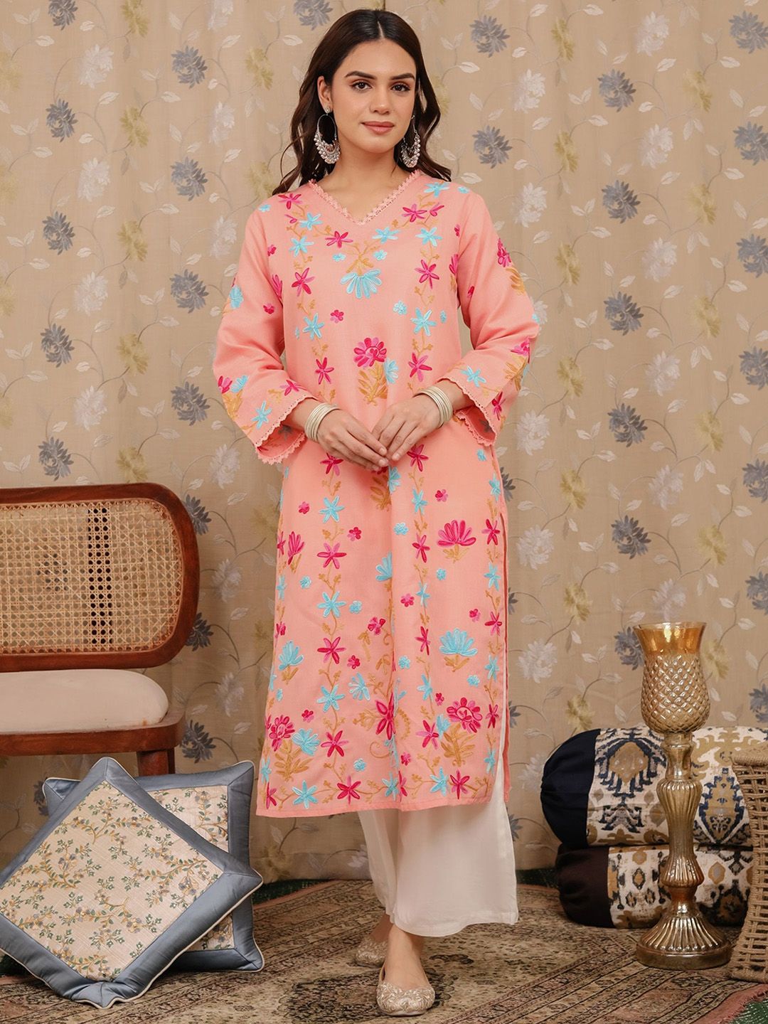 HOUSE OF KARI Floral Embroidered Pastels Cotton Straight Kurta