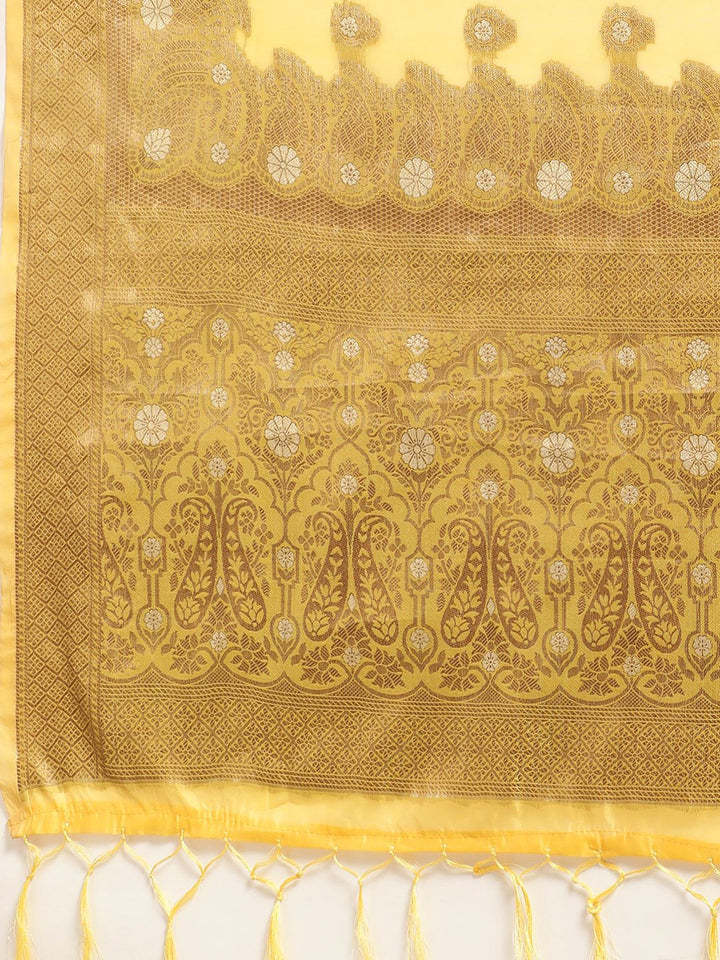 Saree mall Yellow Paisley Silk Blend Banarasi Saree