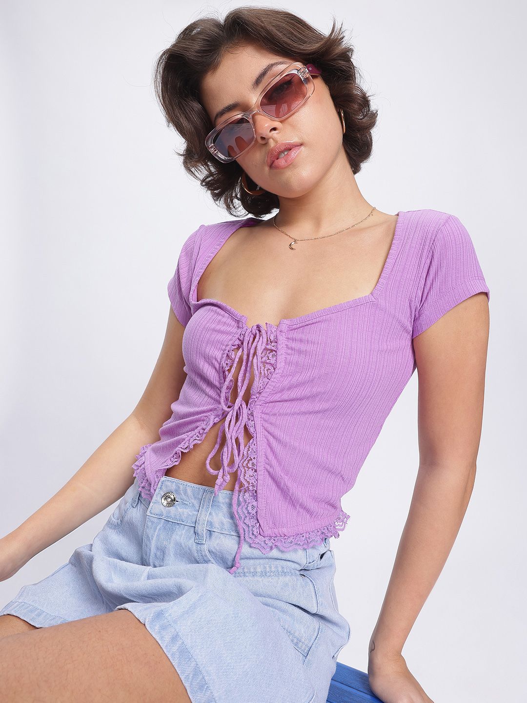 DressBerry Lace Luxe Ribbed Tie-Up Detail Top