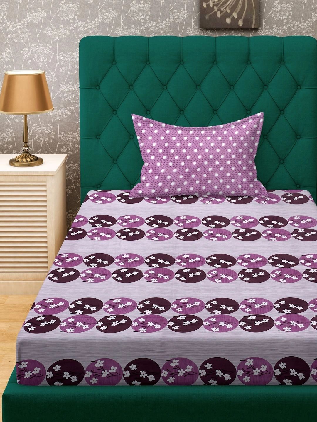 Myntra Elegant Homes Purple Floral 400 TC Single Bedsheet with 1 Pillow Covers