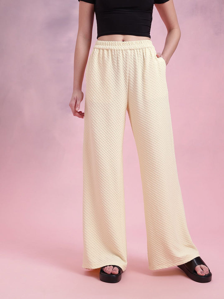 DressBerry Women Geometric Textured Mid-Rise Wide Leg Flared Trousers