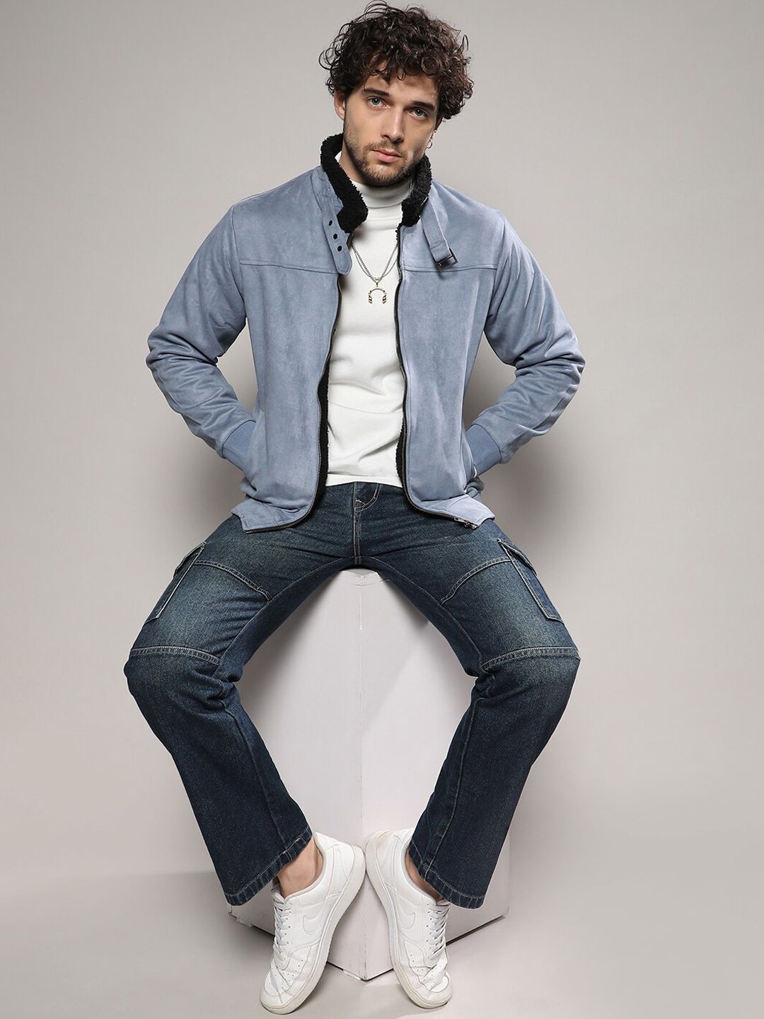 Campus Sutra Grey Suede Windcheater Tailored Jacket