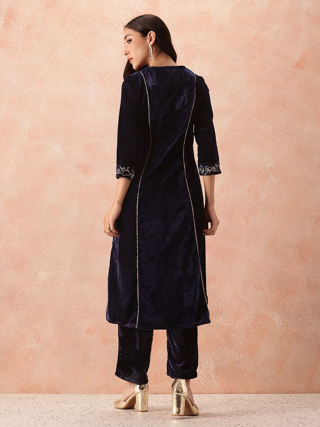 all about you Velvet Finish Floral Embroidered Gotta Patti Kurta with Trousers