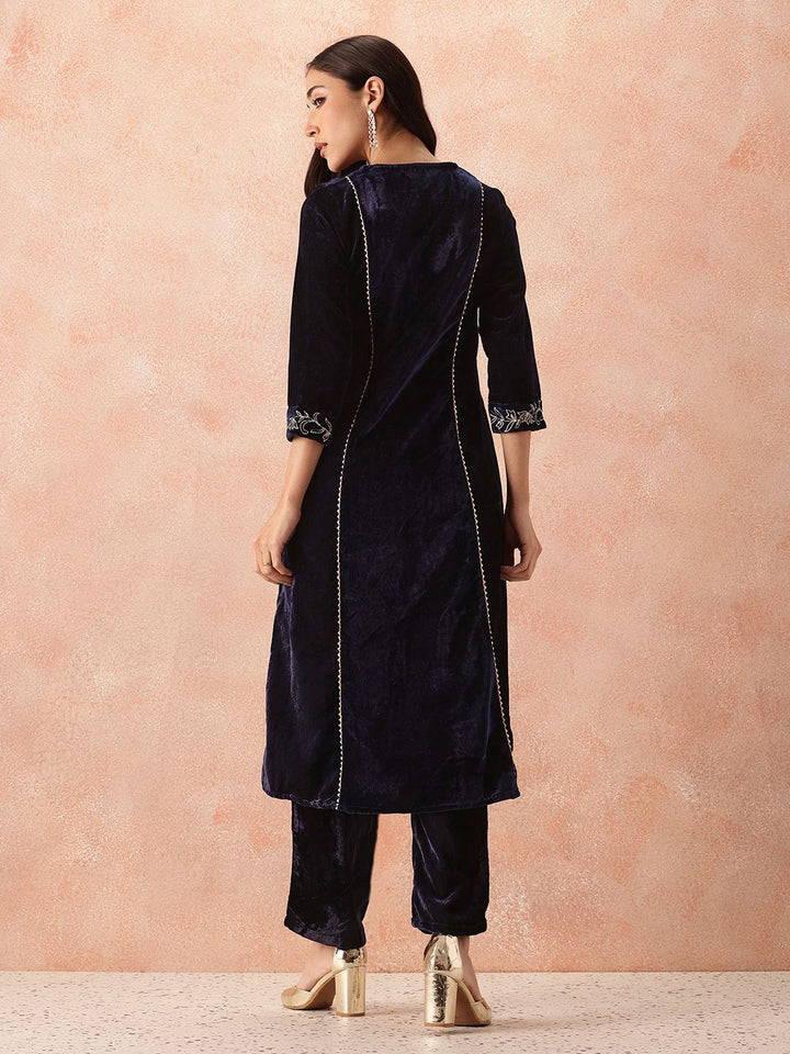 all about you Velvet Finish Floral Embroidered Gotta Patti Kurta with Trousers